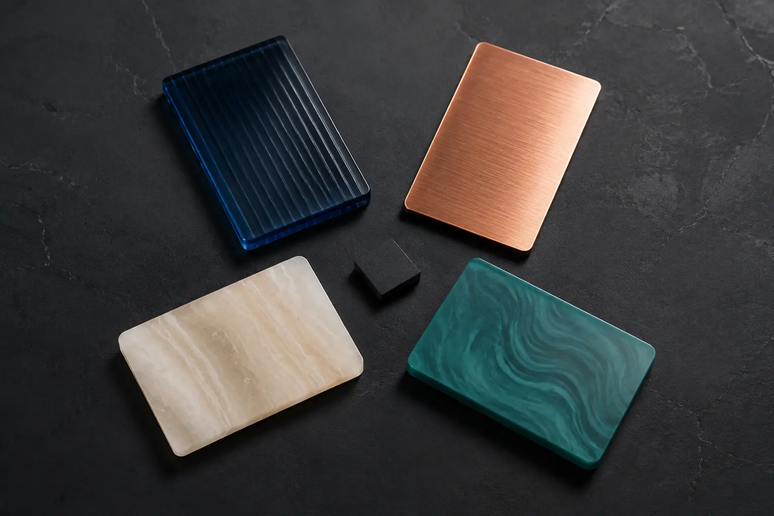 Four blank card-sized modules in indigo glass, copper, ivory stone and teal resin