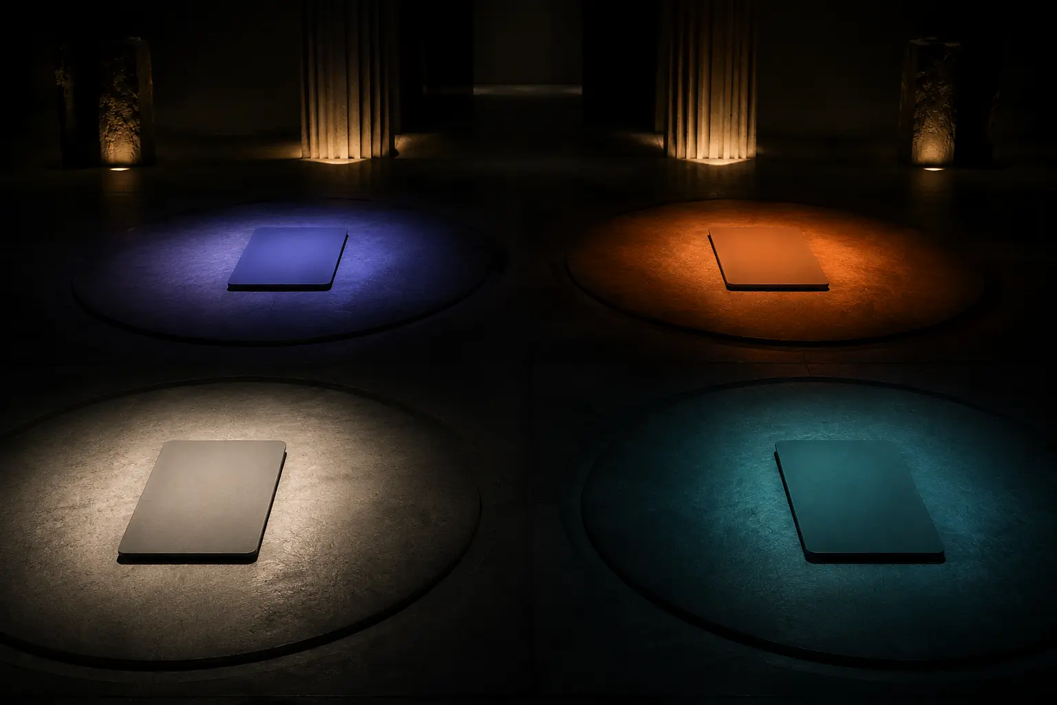 Four blank card objects illuminated in separate indigo, amber, ivory and teal strategy chambers